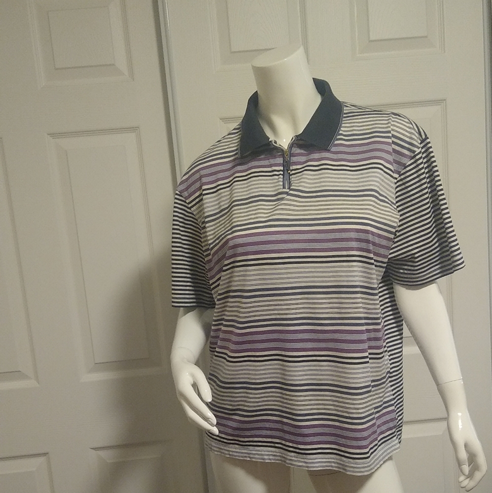 Lander UK Men's Short Sleeves Stripes Pullover Zippered Large Golf Shirt